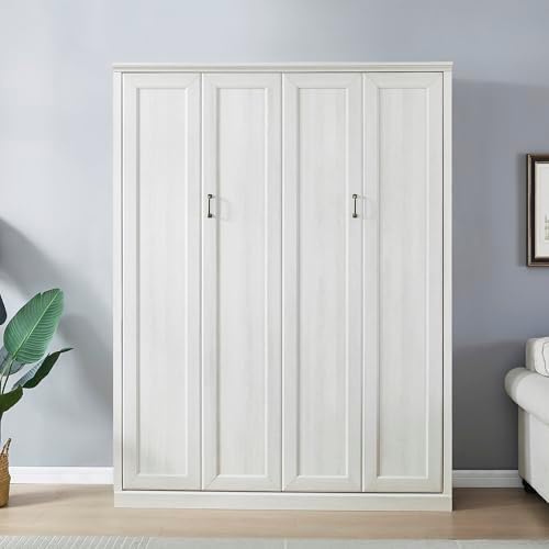 Harper & Bright Designs Queen Size Murphy Bed, Wood Queen Wall Bed Cabinet Bed, Rustic White