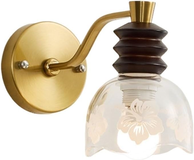 Vintage Wood and Brass Wall Sconce, Japanese Floral Wall Lamp with Clear Glass Flower Shade, Retro Art Vanity Light, Decorative Fixture for Bedroom, Hallway, Living Room Parlor