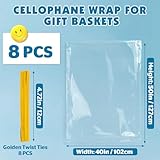 NUITPY 8 Pcs Large Cellophane Bags, 40 x 50 Inchs Cellophane Wrap for Gift Baskets, Durable Plastic Gift Bag, Clear Basket Bag - Complimentary 8 Pcs Golden Twist Ties