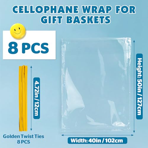 NUITPY 8 Pcs Large Cellophane Bags, 40 x 50 Inchs Cellophane Wrap for Gift Baskets, Durable Plastic Gift Bag, Clear Basket Bag - Complimentary 8 Pcs Golden Twist Ties