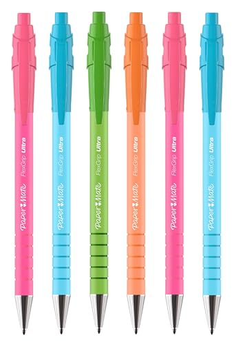 Paper Mate FlexGrip Ultra Retractable Ballpoint Pens | Blue Ink | Medium Point | 6 Pack | Bright Retro Barrels