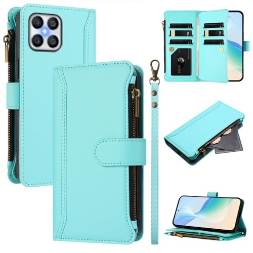 Rfvzubemok Compatible with Honor X30i 5G / X8 4G,Compatible with Honor Play 6T Pro 5G Cover,Flip Kickstand Double Card Slots Zipper Wallet Case Green2