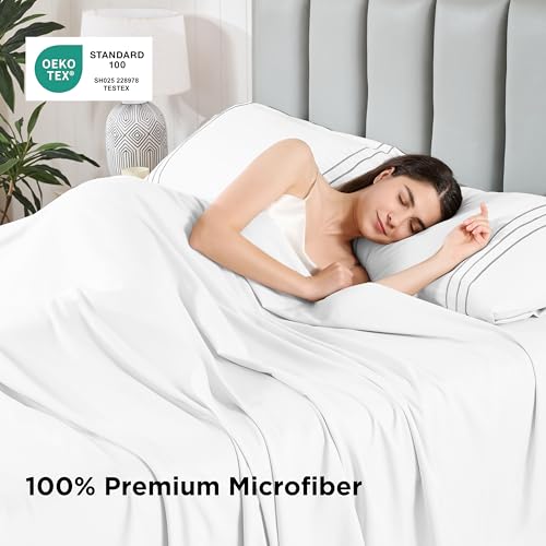 Baskbed Queen Size 4 Piece Sheet Set with Embroidered Pillowcases, Ultra-Soft Microfiber Comfy Breathable & Cooling Bed Sheets, Deep Pocket Fitted Sheets and Hotel Luxury Cozy Flat Sheets, White