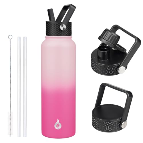 Image of BJPKPK Insulated Water Bottles with Straw Lid, 40oz Stainless Steel Metal Water Bottle with 3 Lids, Reusable Thermo, Keep Cold Hot for Sports, Gym-Cherry