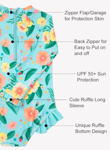 Image of Baby Toddler Girl Long Sleeve Ruffle Swimsuit One Piece Zipper Rash Guard Bathing Suit with UPF 50+ Sun Protection
