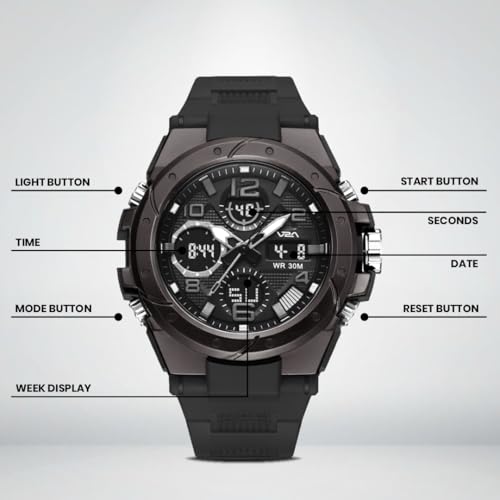 Image of V2A Styrke 5110 Analog Digital Watch for Men | Hybrid Multi Display Dial | Alarm Stopwatch Day Date 12 /24 Hr | TPU Strap | 30M Water Resistant