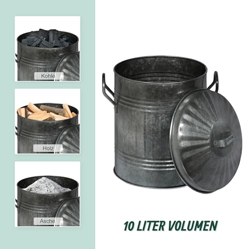 Relaxdays Ascheeimer mit Deckel, Griffen, 10 Liter, verzinktes Eisen, Aschetonne für Kohle & Asche, Kamin, Ofen, silber