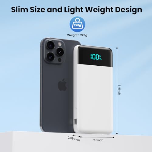 Image of Portable Charger Power Bank for iPhone with Built-in Cables and AC Wall Plug, 13800mAh Ultra Slim Travel Essentials,USB C Fast Charging External Battery Pack for iPhone 17 /16 /13,Galaxy,Android-White