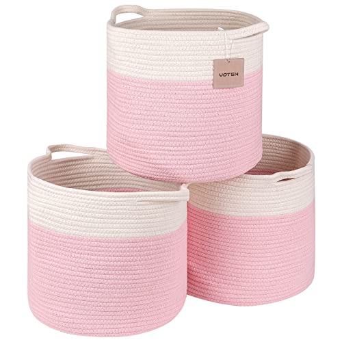 Image of voten Pink Storage Cubes 13x13’’ for Cube Shelves Organzier,Cotton Rope Storage Bin,Cube Storage Bin 13x13’’ for Closet,Toys,Multipurpose Woven Storage Basket for Storage/Organizing,3Packs Round