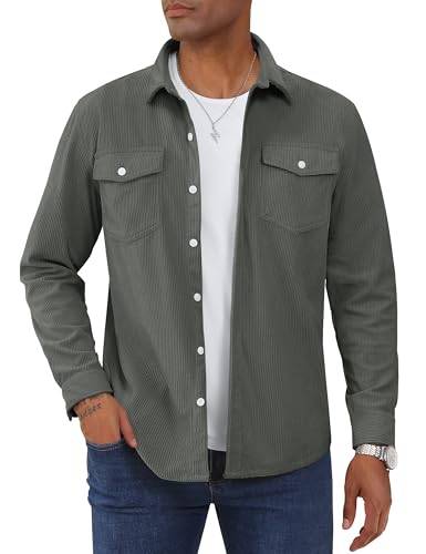 TACVASEN Men's Overshirt Corduroy Long Sleeve Shirts for Men Casual Button Down Regular Fit Jackets with Flap Pockets Darkgrey, L