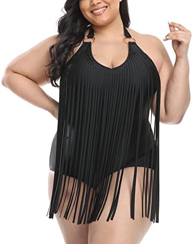 JL Pretty Swimwear Fringe Tassels Swimsuit One Piece Beachwear, Black, XXL = US XL