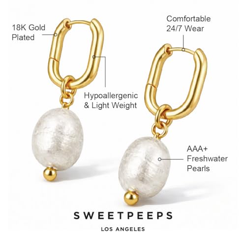 SWEET PEEPS 18K Gold Plated Pearl Drop Huggie Earrings for Women, Paperclip Hoop Earrings, Gold Pearl Earrings, Hypoallergenic Dainty Drop Earrings by SWEET PEEPS - Used condition - Image 3