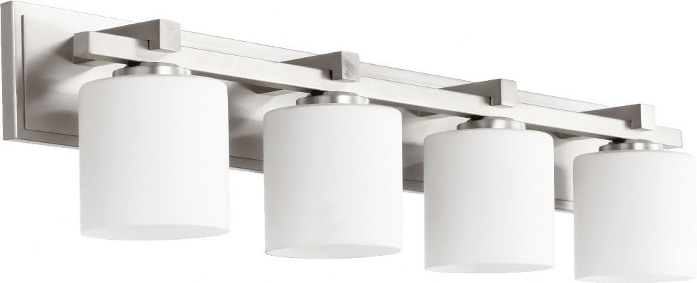 - Quorum Lighting 4 Light Cylinder Bath Vanity in Style - 33 inches Wide by 7.5 inches high-Satin Nickel Finish-Satin Opal Glass Color