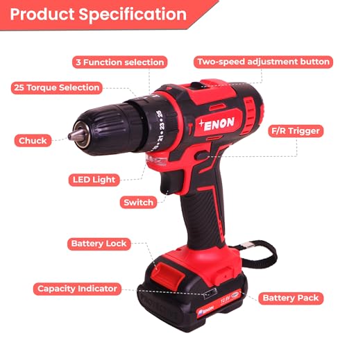 Image of Enon Cordless Impact Drill for Home Use, 12.6V, 1500RPM, 22NM Torque, Keyless Chuck 10mm, 25 Level Torque, 2 Speed Modes, 3 Functions, Single Battery 1.5Ah, 82 Pcs Drill Kit (XE-CD1610-SB)