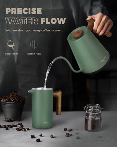 Image of POLIVIAR Electric Gooseneck Kettle, 1350W Electric Tea Kettle Wood Pattern Handle, 34oz Pour Over Electric Kettle for Coffee & Tea, 18 /8 Stainless Steel Inner, Temperature Control & Rapid Heating