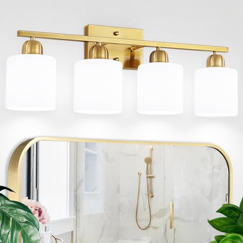 Image of 4 Light Gold Light Fixture Bathroom, Brushed Gold Vanity Light with Milky White Frosted Glass Shades, Lights for Bathroom Mirror for Living Room Bedroom Hallway E26 Base