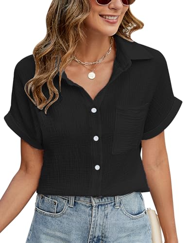 PASUDA Blusas Mujer Verano Elegante Camisa Manga Corta Algodón Camiseta con Botones Cuello en V Casual Blusa Mujer Shirts Top (Negro, XL)
