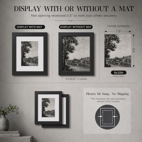 Image of VCK 8x10 Picture Frame with Real Glass, Black Wood Frame, 5x7 Mat, 2 Pack