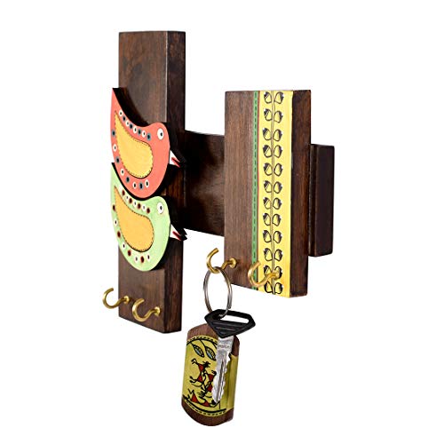 Image of AAKRITI ART CREATIONS Key Holder, Handcrafted Tribal Art Bird Theme Key Hanger | Rustic Wood Wall Organizer with 4 Hooks | New Home Gifts | Multifunctional Entryway Decor Item