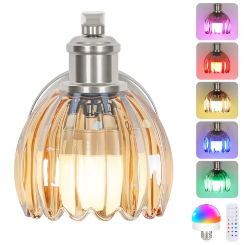 Image of VerRon Rechargeable Battery Operated Wall Sconce with Amber Glass Lampshade, Wireless Wall Scone Decor with Remote Control, 15 Colors Brushed Nickle Wall Light for Bedside Hallway Bedroom Doorway