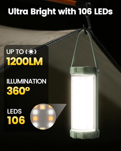 Image of Glocusent LED Camping Lantern for Emergency, 160-LED Lantern with 1200LM, 3 Colors x 5 Brightness with SOS, IP68 Waterproof, 5000mAh Rechargeable, Essential for Power Outage, Hurricane, Storm, Hiking