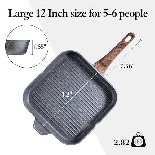 SENSARTE Nonstick Grill Pan for Stove Tops, Versatile Griddle with Pour Spouts, Square Big Cooking Surface, Durable Skillet Indoor & Outdoor Grilling. PFOA Free,12Inch - Image 4