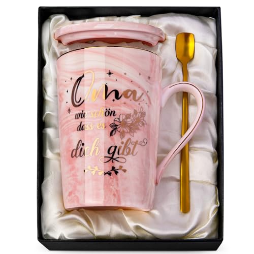 Doublewhale Oma Geschenk Geburtstag, Geschenk für Oma, Geschenke für Großmutter zum Muttertag Weihnachten, 14 Oz Rosa Marmor Kaffeetasse mit Goldener Druckgrafik, Deckel, Löffel, Edle Geschenkset