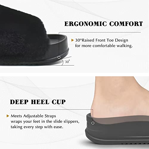 Kuailu Womens Platform Slipper With Arch Support Soft Cushion Faux Fur Sandals Open Toe House Slipper Fluffy Slides Indoor Outdoor,Black Size 7 #TOP6