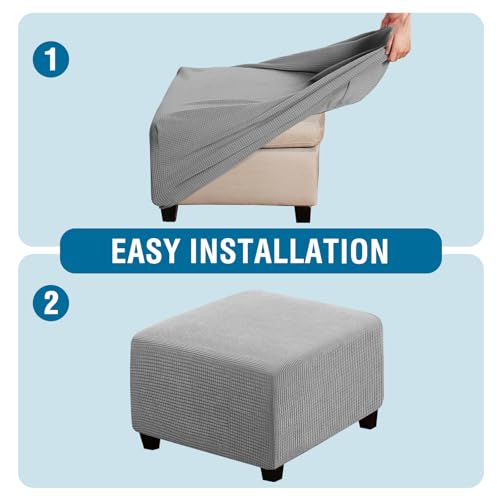Image of H.VERSAILTEX Square Ottoman Covers Ottoman Slipcovers Folding Storage Stool Furniture Protector Form Fit with Elastic Bottom, Stretch High Spandex Small Checks Jacquard Fabric(Medium,Dove)