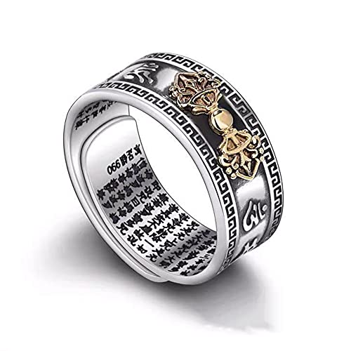 指輪 メンズ シンプル 人気 指輪 レディース 純銀 フリーサイズリング 般若心経 刻印 魔除け 厄除け 浄化 開運 お守り 仏教 経文 アクセサリー ファッション リング (D:シルバー)