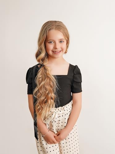 Image of Hilinker Girls 2 Piece Outfits Square Neck Puff Sleeve Top and Pants Summer Cute Clothing Set Black Beige 9-10Y