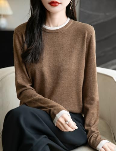 Women's Merino Wool Blend Sweater Fall Winter Fake Two Piece Color Block Shirt Crewneck Long Sleeve Knit Pullover3