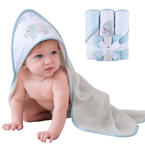 Image of Viviland Baby Towels and Baby Wash Cloths Set Hooded Baby Towels Baby Wipes Absorbent Bath Face Towels Burp Cloths or Face Towels for Girl Boy 6-Pack Size 28 x 28 Inch(Blue Elephant)