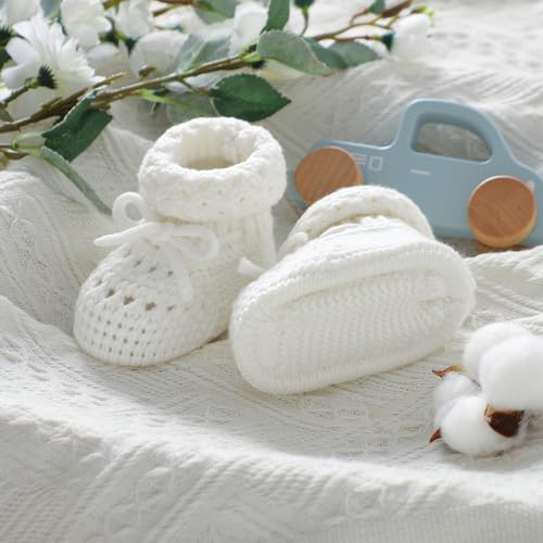 Baby Booties 100% Cotton Knitted Newborn First Cozy Warm Crib Shoes for Toddler Infant Boy Girl Babys Shower Gift4