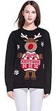 Women's Christmas Cute Reindeer Snowflakes Knitted Sweater Girl Pullover (Large, 3D Nose)