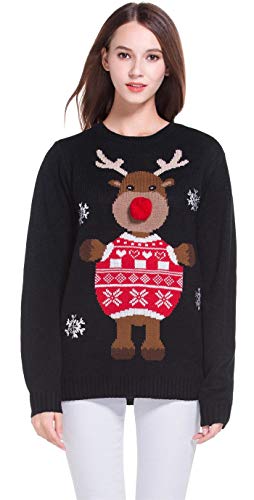 Women's Christmas Cute Reindeer Snowflakes Knitted Sweater Girl Pullover (Large, 3D Nose)