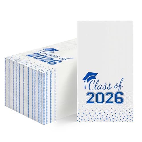 Horaldaily 100 Class of 2026 Graduation Disposable Paper Decorative Guest Napkins, White and Blue Foil dots, College High School Grad Celebration Hand Towel for Party Dinner Kitchen Bathroom