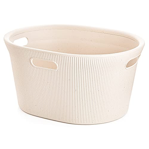 Image of Superio Ribbed Collection - Eco-Friendly Decorative Plastic Laundry Basket with Cut-Out Handles, (1 Pack) Hamper Organzier for Bedroom Bathroom College Dorm Room 35 Liter