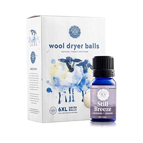Woolzies Wool Dryer Balls Organic: 6 XL Laundry Balls for Dryer + 10 ml Still Breeze Essential Oil Combo for use as 100% Pure and Natural Fabric Softener | Best Scented Wool Balls Laundry Cover