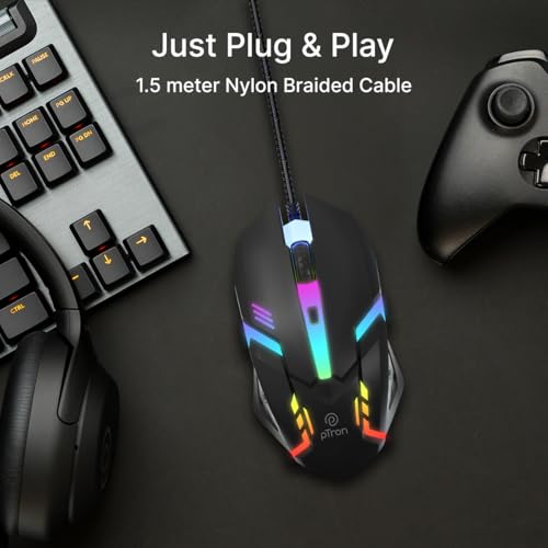 Image of pTron Flick M12 Wired USB Mouse with 4 Buttons, 1600 DPI Optical Sensor, Precision Tracking, RGB Lights, 4 Adjustable DPI, Plug & Play Use, Ergonomic Design, for Windows OS (Black)