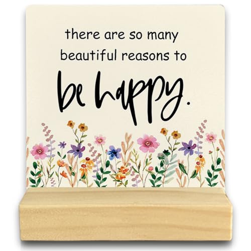 QASHWEY Inspirational Desk Decor, Motivational Desk Decor Wood Table Signs, Inspirational Gifts for Women Friend, So Many Beautiful Reasons to be Happy Wooden Plaque with Wooden Stand for Home Office