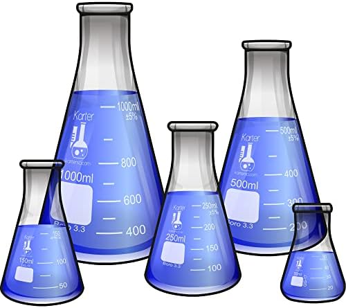 Karter Scientific Glass Flask 5 Piece Set, Narrow Mouth Erlenmeyer, Borosilicate 3.3 Glass - 50ml, 150ml, 250ml, 500ml, 1L, 213B2