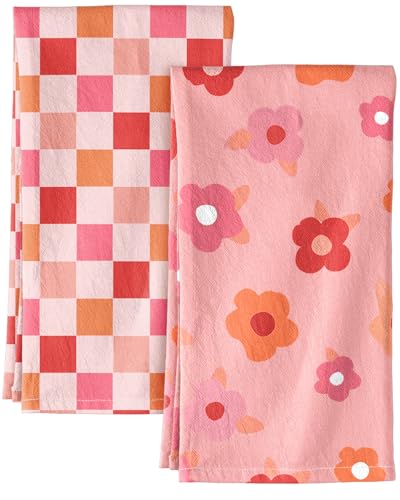 Miss Adola 2 Pack Flour Sack Kitchen Towels - 16x26 Inch Cotton Dish Towels with Hanging Loop Reusable Geometric Boho Modern Retro Tea Towel Absorbent Dishcloths Home Decor, PK Checkered Flower