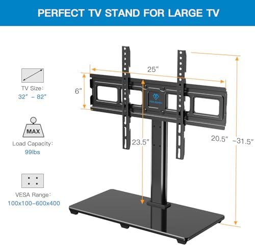 PERLESMITH Universal TV Stand Table Top TV Base for 37 to 70 inch LCD LED OLED 4K Plasma Flat Screen TVs - Height Adjustable TV Mount Stand with Tempered Glass Base, VESA 600x400mm, Holds up to 99lbs
