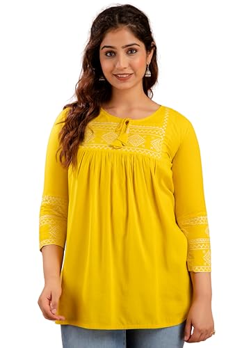 Image of Avayayat Short Kurti for Women | Embroidered Straight Rayon Kurta | Round Neck Full Sleeves Short Kurti for Women's