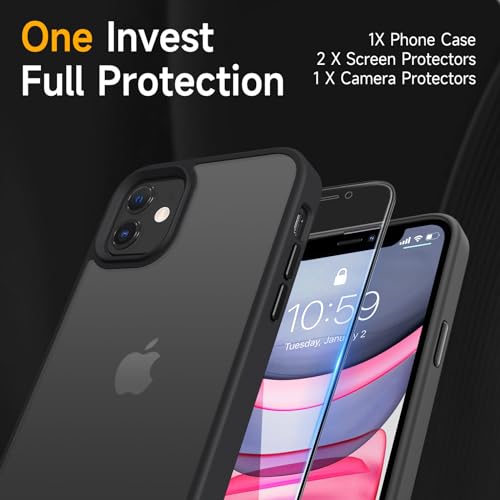 Mootobo for iPhone 11 Case Built-in 2 HD Screen Protectors and HD Lens Protector, Anti-Fingerprint Matte Back 10FT Military Grade Drop Shockproof Phone Case for iPhone 11 6.1 inch – Black