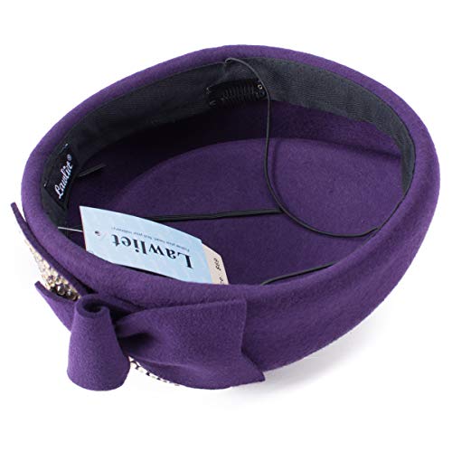 Ladies Rhinestone Teardrop Fancy Wool Fascinator Cocktail Pillbox Cap Hat A254 (Purple)