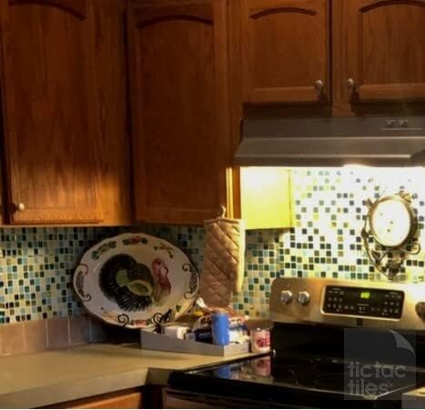 Tic Tac Tiles Peel and Stick Self Adhesive Removable Stick On Kitchen Backsplash Bathroom 3D Wall Sticker Wallpaper Tiles in Small Square Designs (Vetro Aqua & Glassy Peacock) (5, Glassy Peacock)