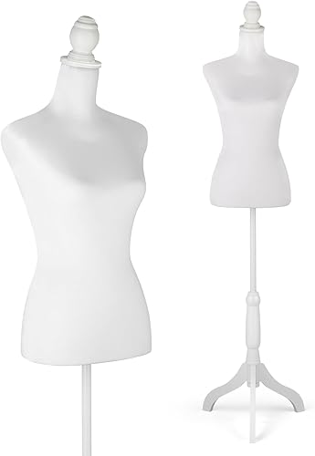 Maniquí de forma de vestido femenino, torso corporal de maniquí con soporte de altura ajustable, forma de vestido blanco con trípode ajustable para