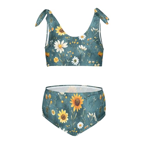 Autumn Sunflower Lily Rosemary Teal Girls Swim Suit High Waisted 2 Piece Swimwear Little Girls Beach Surf Suits 3T